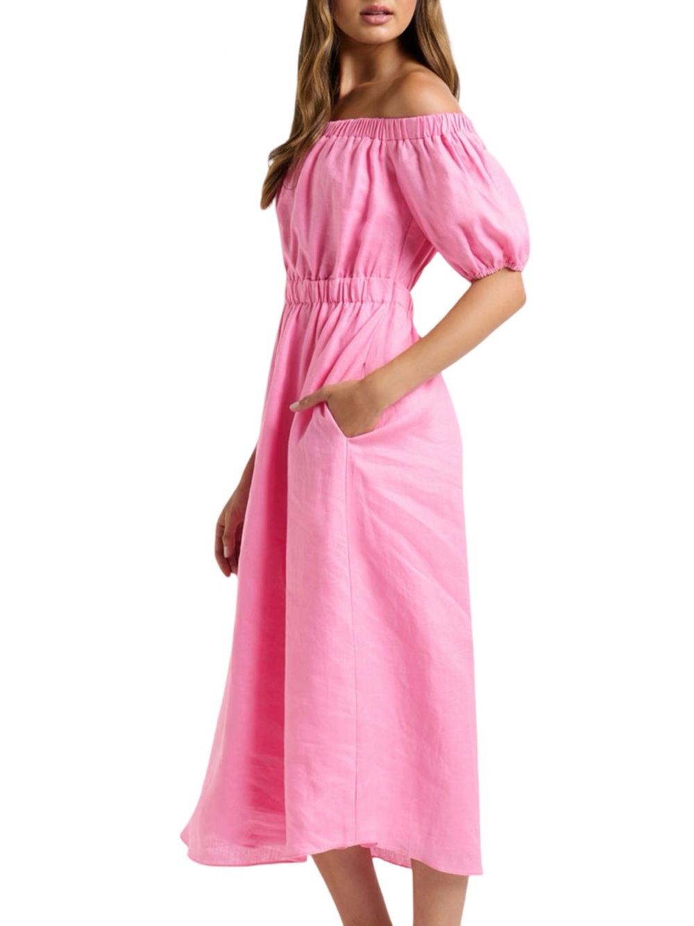 Ever New Milan 100% Linen Bright Pink Bardot Midi Dress | Off-Shoulder Open Back - Picture 8 of 13